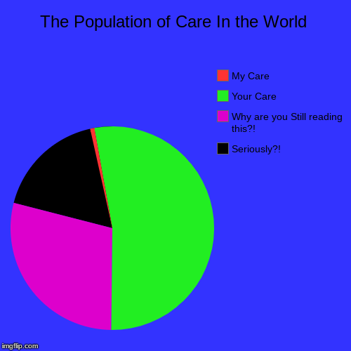 The Care Chart | The Population of Care In the World | Seriously?!, Why are you Still reading this?!, Your Care, My Care | image tagged in funny,pie charts,care | made w/ Imgflip chart maker