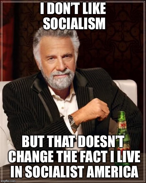 The Most Interesting Man In The World Meme | I DON’T LIKE SOCIALISM BUT THAT DOESN’T CHANGE THE FACT I LIVE IN SOCIALIST AMERICA | image tagged in memes,the most interesting man in the world | made w/ Imgflip meme maker