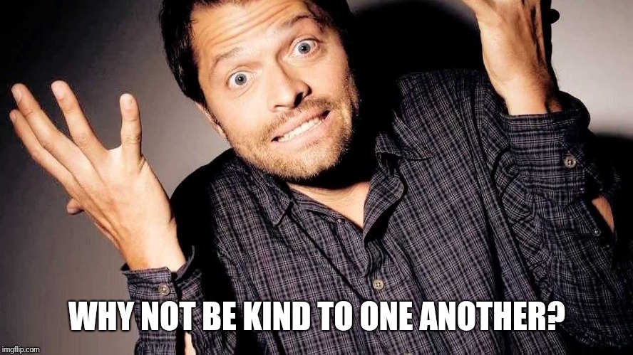 Misha Collins why not be kind | WHY NOT BE KIND TO ONE ANOTHER? | image tagged in funny | made w/ Imgflip meme maker