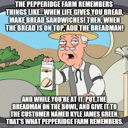 Pepperidge Farm Remembers Meme | THE PEPPERIDGE FARM REMEMBERS THINGS LIKE...WHEN LIFE GIVES YOU BREAD, MAKE BREAD SANDWICHES! THEN, WHEN THE BREAD IS ON TOP, ADD THE BREADMAN! AND WHILE YOU'RE AT IT, PUT THE BREADMAN ON THE BOWL, AND GIVE IT TO THE CUSTOMER NAMED KYLE JAMES GREEN. THAT'S WHAT PEPPERIDGE FARM REMEMBERS. | image tagged in memes,pepperidge farm remembers | made w/ Imgflip meme maker