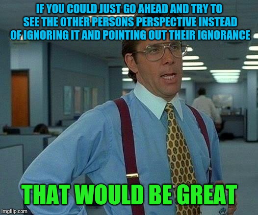 That Would Be Great Meme | IF YOU COULD JUST GO AHEAD AND TRY TO SEE THE OTHER PERSONS PERSPECTIVE INSTEAD OF IGNORING IT AND POINTING OUT THEIR IGNORANCE; THAT WOULD BE GREAT | image tagged in memes,that would be great | made w/ Imgflip meme maker