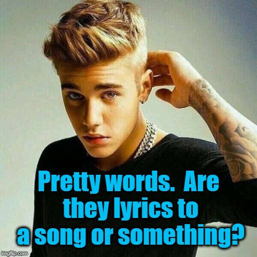 Justin Bieber | Pretty words.  Are they lyrics to a song or something? | image tagged in justin bieber | made w/ Imgflip meme maker