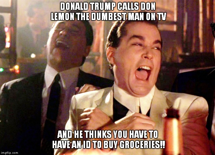 Irony deficiency? | DONALD TRUMP CALLS DON LEMON THE DUMBEST MAN ON TV; AND HE THINKS YOU HAVE TO HAVE AN ID TO BUY GROCERIES!! | image tagged in memes,good fellas hilarious | made w/ Imgflip meme maker