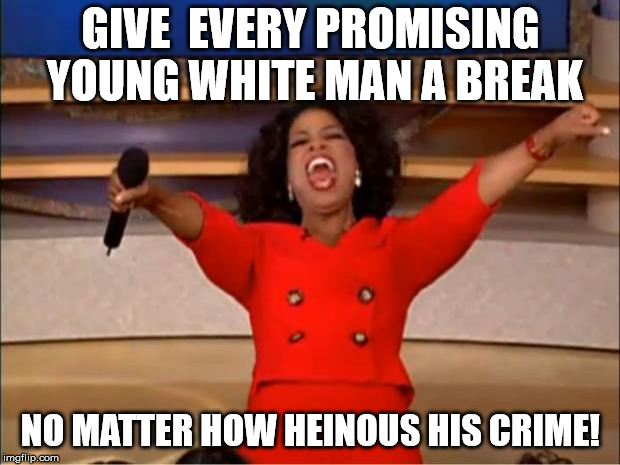 Oprah You Get A Meme | GIVE  EVERY PROMISING YOUNG WHITE MAN A BREAK NO MATTER HOW HEINOUS HIS CRIME! | image tagged in memes,oprah you get a | made w/ Imgflip meme maker