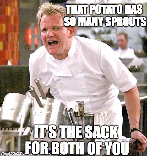 Chef Gordon Ramsay Meme | THAT POTATO HAS SO MANY SPROUTS; IT'S THE SACK FOR BOTH OF YOU | image tagged in memes,chef gordon ramsay | made w/ Imgflip meme maker