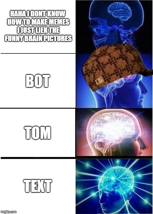 Expanding Brain Meme | HAHA I DONT KNOW HOW TO MAKE MEMES I JUST LIEK THE FUNNY BRAIN PICTURES; BOT; TOM; TEXT | image tagged in memes,expanding brain,scumbag | made w/ Imgflip meme maker