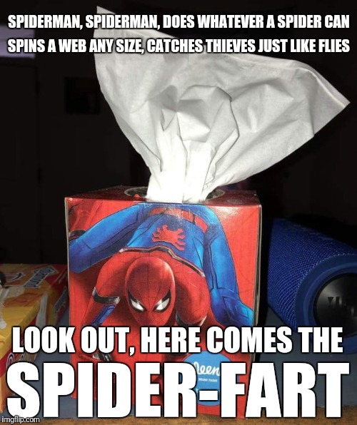Spider-fart | SPIDERMAN, SPIDERMAN, DOES WHATEVER A SPIDER CAN; SPINS A WEB ANY SIZE, CATCHES THIEVES JUST LIKE FLIES; LOOK OUT, HERE COMES THE; SPIDER-FART | image tagged in spiderman,fart,farts | made w/ Imgflip meme maker