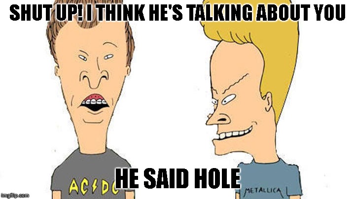 Beavis & Butthead | SHUT UP! I THINK HE'S TALKING ABOUT YOU HE SAID HOLE | image tagged in beavis  butthead | made w/ Imgflip meme maker