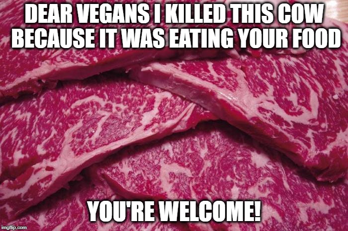 Dear Vegans |  DEAR VEGANS I KILLED THIS COW BECAUSE IT WAS EATING YOUR FOOD; YOU'RE WELCOME! | image tagged in raw steaks,vegans,vegetarian,funny memes,steak,meat | made w/ Imgflip meme maker