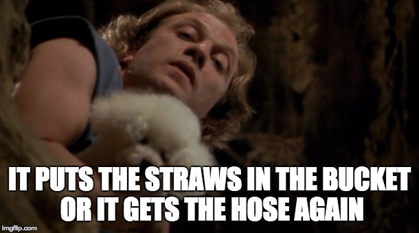 Silence of the lambs lotion | IT PUTS THE STRAWS IN THE BUCKET OR IT GETS THE HOSE AGAIN | image tagged in silence of the lambs lotion | made w/ Imgflip meme maker