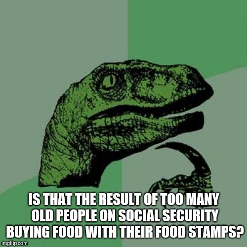 Philosoraptor Meme | IS THAT THE RESULT OF TOO MANY OLD PEOPLE ON SOCIAL SECURITY BUYING FOOD WITH THEIR FOOD STAMPS? | image tagged in memes,philosoraptor | made w/ Imgflip meme maker