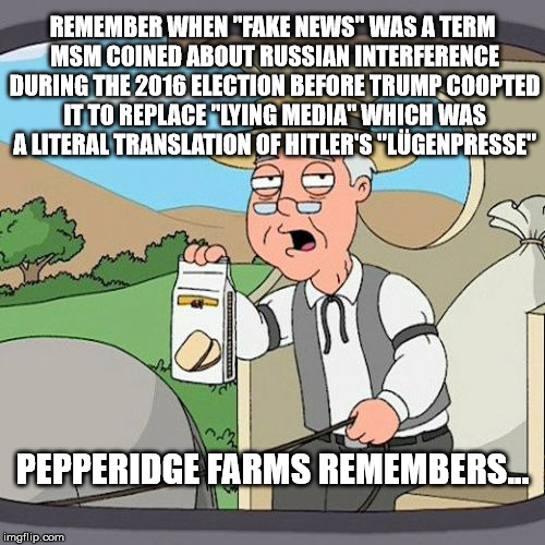 Lügenpresse | REMEMBER WHEN "FAKE NEWS" WAS A TERM MSM COINED ABOUT RUSSIAN INTERFERENCE DURING THE 2016 ELECTION BEFORE TRUMP COOPTED IT TO REPLACE "LYING MEDIA" WHICH WAS A LITERAL TRANSLATION OF HITLER'S "LÜGENPRESSE"; PEPPERIDGE FARMS REMEMBERS... | image tagged in memes,pepperidge farm remembers,lgenpresse,donald trump,trump | made w/ Imgflip meme maker
