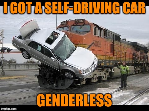 Car Crash | I GOT A SELF-DRIVING CAR; GENDERLESS | image tagged in car crash | made w/ Imgflip meme maker