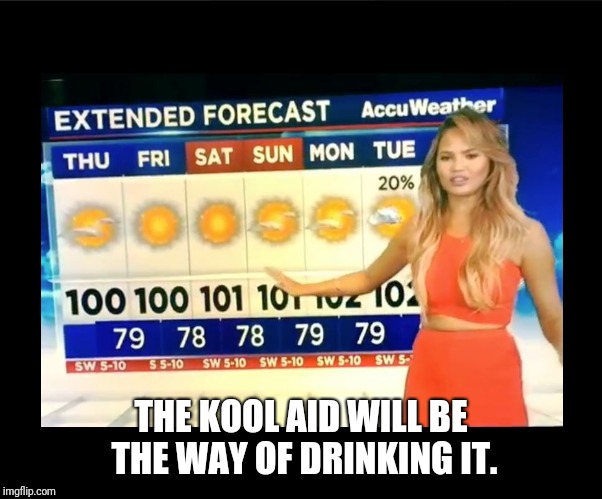 THE KOOL AID WILL BE THE WAY OF DRINKING IT. | image tagged in hot weather girl | made w/ Imgflip meme maker