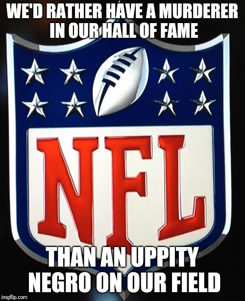 Boycott NFL! | WE'D RATHER HAVE A MURDERER IN OUR HALL OF FAME; THAN AN UPPITY NEGRO ON OUR FIELD | image tagged in nfl logo,colin kaepernick,ray lewis,hall of fame,hypocrisy,boycott nfl | made w/ Imgflip meme maker