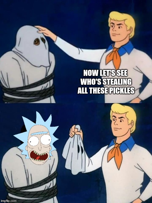 Scooby doo mask reveal | NOW LET'S SEE WHO'S STEALING ALL THESE PICKLES | image tagged in scooby doo mask reveal,rick and morty,pickle rick,pickles,scooby doo,wubba lubba dub dub | made w/ Imgflip meme maker