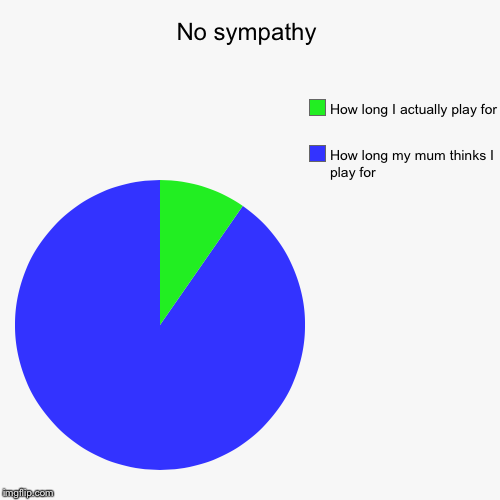 No sympathy | No sympathy | How long my mum thinks I play for , How long I actually play for | image tagged in funny,pie charts | made w/ Imgflip chart maker