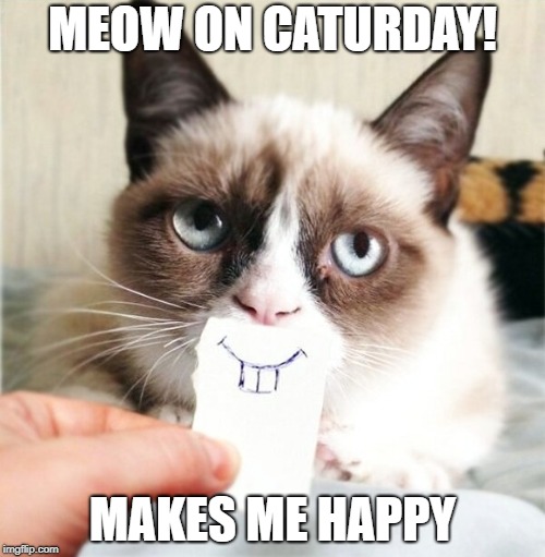Grumpy cat smile | MEOW ON CATURDAY! MAKES ME HAPPY | image tagged in grumpy cat smile | made w/ Imgflip meme maker