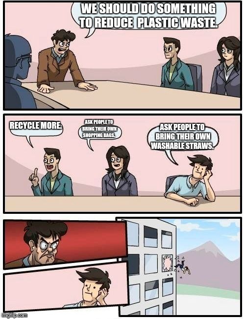 Boardroom Meeting Suggestion Meme | WE SHOULD DO SOMETHING TO REDUCE  PLASTIC WASTE. RECYCLE MORE. ASK PEOPLE TO BRING THEIR OWN SHOPPING BAGS. ASK PEOPLE TO BRING THEIR OWN WASHABLE STRAWS. | image tagged in memes,boardroom meeting suggestion | made w/ Imgflip meme maker