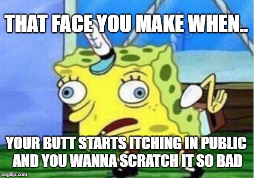 Mocking Spongebob Meme | THAT FACE YOU MAKE WHEN.. YOUR BUTT STARTS ITCHING IN PUBLIC AND YOU WANNA SCRATCH IT SO BAD | image tagged in memes,mocking spongebob | made w/ Imgflip meme maker