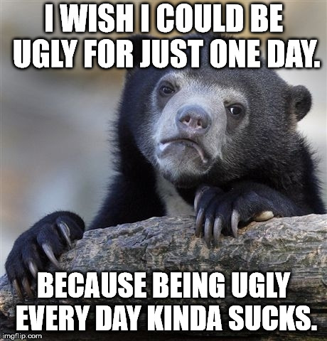 Confession Bear | I WISH I COULD BE UGLY FOR JUST ONE DAY. BECAUSE BEING UGLY EVERY DAY KINDA SUCKS. | image tagged in memes,confession bear | made w/ Imgflip meme maker
