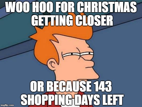 Futurama Fry Meme | WOO HOO FOR CHRISTMAS GETTING CLOSER OR BECAUSE 143 SHOPPING DAYS LEFT | image tagged in memes,futurama fry | made w/ Imgflip meme maker