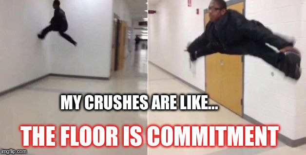 The floor is | MY CRUSHES ARE LIKE... THE FLOOR IS COMMITMENT | image tagged in the floor is,crush,commitment | made w/ Imgflip meme maker