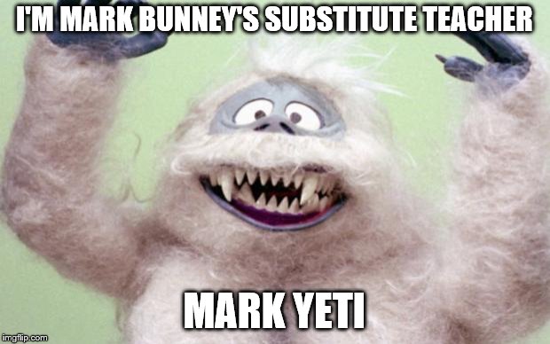 YETI  | I'M MARK BUNNEY'S SUBSTITUTE TEACHER; MARK YETI | image tagged in yeti | made w/ Imgflip meme maker