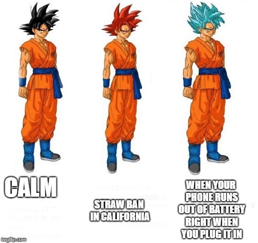 Saiyans to stress | STRAW BAN IN CALIFORNIA; WHEN YOUR PHONE RUNS OUT OF BATTERY RIGHT WHEN YOU PLUG IT IN; CALM | image tagged in memes | made w/ Imgflip meme maker
