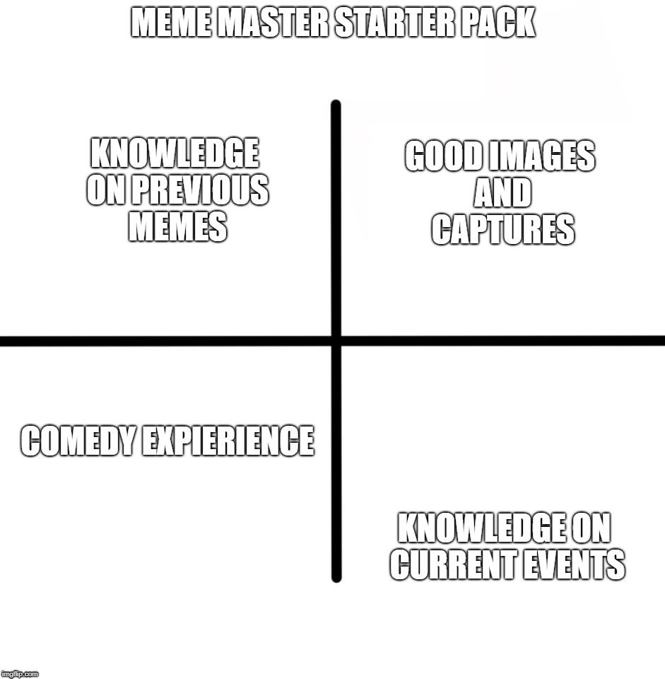Blank Starter Pack | MEME MASTER STARTER PACK; KNOWLEDGE ON PREVIOUS MEMES; GOOD IMAGES AND CAPTURES; COMEDY EXPIERIENCE; KNOWLEDGE ON CURRENT EVENTS | image tagged in memes,blank starter pack | made w/ Imgflip meme maker