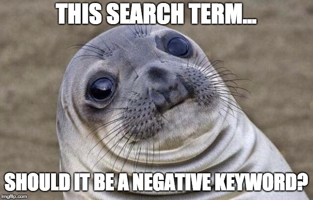 Awkward Moment Sealion Meme | THIS SEARCH TERM... SHOULD IT BE A NEGATIVE KEYWORD? | image tagged in memes,awkward moment sealion | made w/ Imgflip meme maker