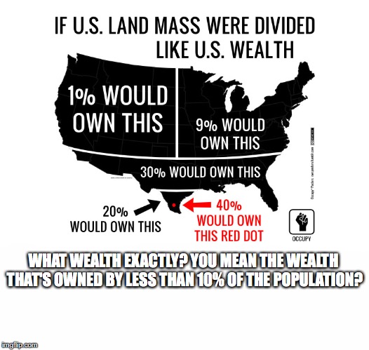 WHAT WEALTH EXACTLY? YOU MEAN THE WEALTH THAT'S OWNED BY LESS THAN 10% OF THE POPULATION? | made w/ Imgflip meme maker