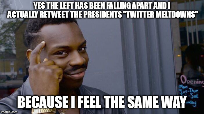 Roll Safe Think About It Meme | YES THE LEFT HAS BEEN FALLING APART AND I ACTUALLY RETWEET THE PRESIDENTS "TWITTER MELTDOWNS" BECAUSE I FEEL THE SAME WAY | image tagged in memes,roll safe think about it | made w/ Imgflip meme maker
