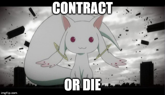 Contract? | CONTRACT; OR DIE | image tagged in magical girl cat kyubey,kyubey,magic,magical,cat,girl | made w/ Imgflip meme maker
