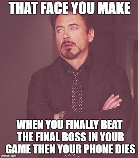 Face You Make Robert Downey Jr Meme | THAT FACE YOU MAKE; WHEN YOU FINALLY BEAT THE FINAL BOSS IN YOUR GAME THEN YOUR PHONE DIES | image tagged in memes,face you make robert downey jr | made w/ Imgflip meme maker