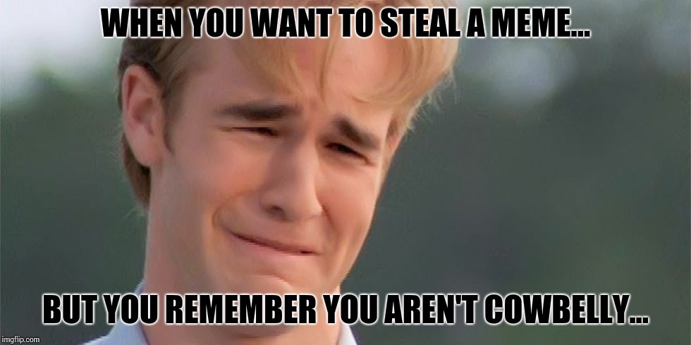 Van see Devastated  | WHEN YOU WANT TO STEAL A MEME... BUT YOU REMEMBER YOU AREN'T COWBELLY... | image tagged in van see devastated | made w/ Imgflip meme maker