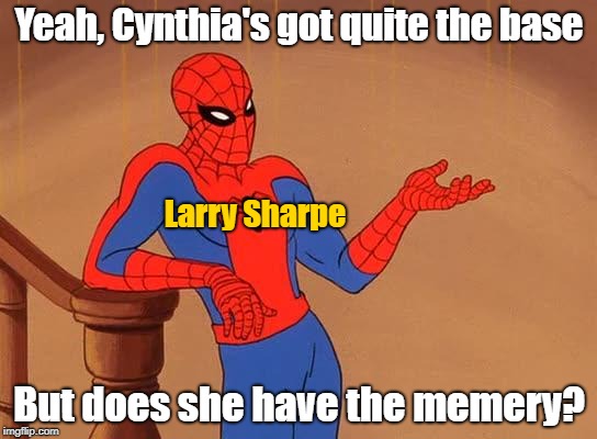 Larry Sharpe on Cynthia Nixon | Yeah, Cynthia's got quite the base; Larry Sharpe; But does she have the memery? | image tagged in spiderman,meme magic,larry sharpe,libertarian,new york,cynthia nixon | made w/ Imgflip meme maker