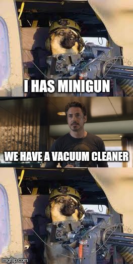 Well that escalated quickly... | I HAS MINIGUN; WE HAVE A VACUUM CLEANER | image tagged in dogs,minigun,tony stark,memes,ilikepie314159265358979 | made w/ Imgflip meme maker