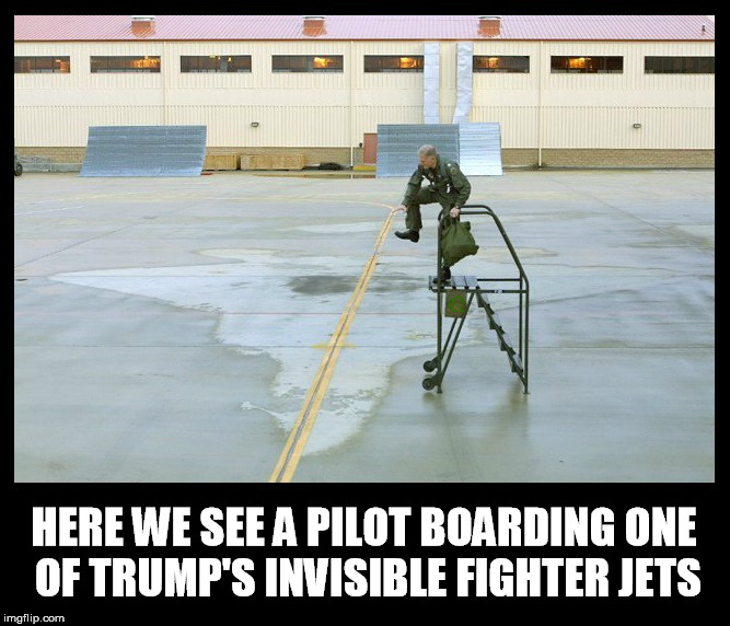 Trump's invisible plane. | HERE WE SEE A PILOT BOARDING ONE OF TRUMP'S INVISIBLE FIGHTER JETS | image tagged in trump moron | made w/ Imgflip meme maker