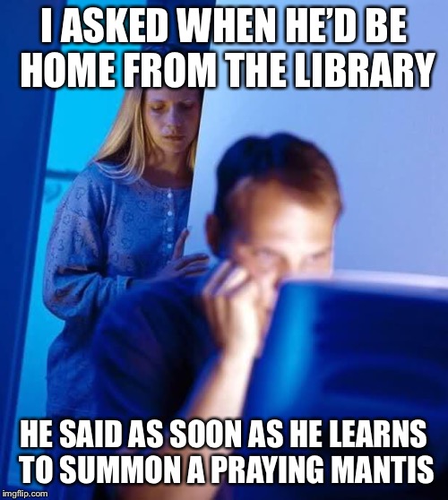 Internet Husband | I ASKED WHEN HE’D BE HOME FROM THE LIBRARY; HE SAID AS SOON AS HE LEARNS TO SUMMON A PRAYING MANTIS | image tagged in internet husband | made w/ Imgflip meme maker