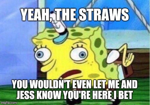 Mocking Spongebob Meme | YEAH, THE STRAWS YOU WOULDN'T EVEN LET ME AND JESS KNOW YOU'RE HERE I BET | image tagged in memes,mocking spongebob | made w/ Imgflip meme maker