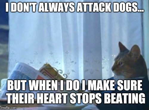 I Should Buy A Boat Cat Meme | I DON'T ALWAYS ATTACK DOGS... BUT WHEN I DO I MAKE SURE THEIR HEART STOPS BEATING | image tagged in memes,i should buy a boat cat | made w/ Imgflip meme maker