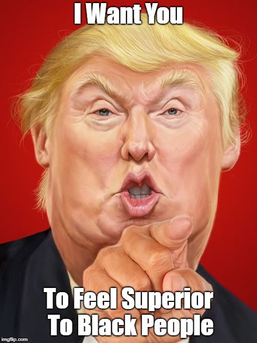 "Donald Trump Wants You To Feel Superior" | I Want You; To Feel Superior To Black People | image tagged in racist trump,deplorable donald,despicable donald,devious donald,dishonorable donald,dishonest donald | made w/ Imgflip meme maker