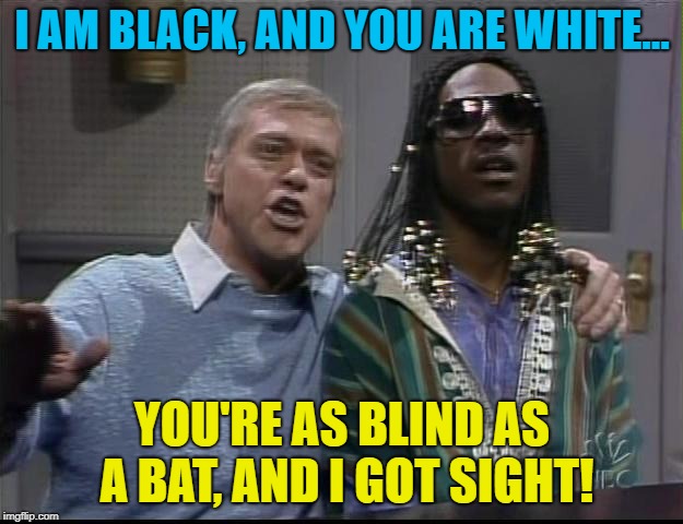 I AM BLACK, AND YOU ARE WHITE... YOU'RE AS BLIND AS A BAT, AND I GOT SIGHT! | made w/ Imgflip meme maker