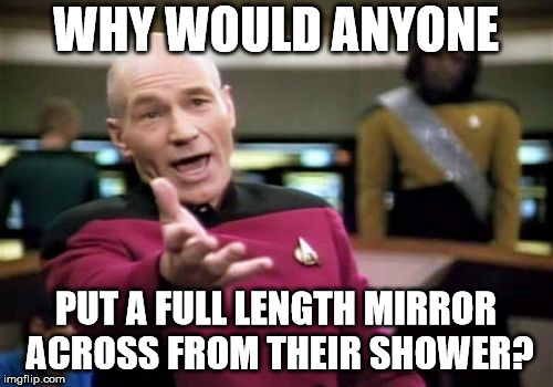 Picard Wtf Meme | WHY WOULD ANYONE PUT A FULL LENGTH MIRROR ACROSS FROM THEIR SHOWER? | image tagged in memes,picard wtf | made w/ Imgflip meme maker