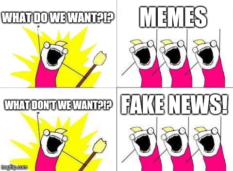 What Do We Want | WHAT DO WE WANT?!? MEMES; WHAT DON'T WE WANT?!? FAKE NEWS! | image tagged in memes,what do we want | made w/ Imgflip meme maker