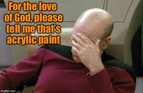 Captain Picard Facepalm Meme | For the love of God, please tell me that’s acrylic paint | image tagged in memes,captain picard facepalm | made w/ Imgflip meme maker
