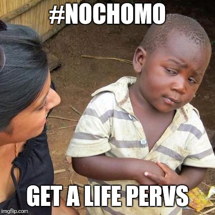 Third World Skeptical Kid | #NOCHOMO; GET A LIFE PERVS | image tagged in memes,third world skeptical kid | made w/ Imgflip meme maker