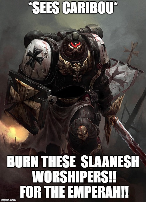 Warhammer 40k Black Templar | *SEES CARIBOU*; BURN THESE  SLAANESH WORSHIPERS!! 
FOR THE EMPERAH!! | image tagged in warhammer 40k black templar | made w/ Imgflip meme maker