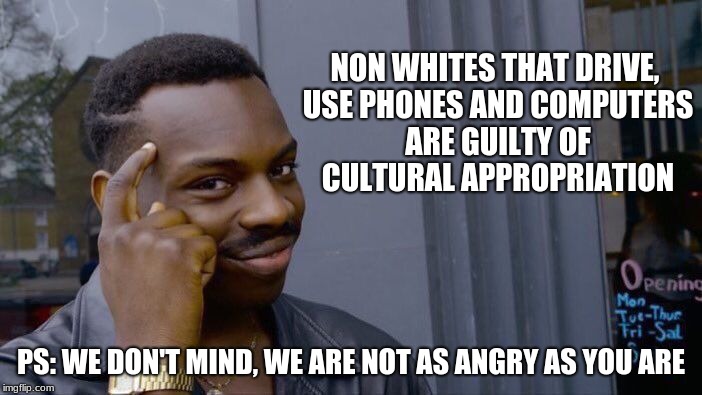 Roll Safe Think About It Meme | NON WHITES THAT DRIVE, USE PHONES AND COMPUTERS ARE GUILTY OF CULTURAL APPROPRIATION; PS: WE DON'T MIND, WE ARE NOT AS ANGRY AS YOU ARE | image tagged in memes,roll safe think about it | made w/ Imgflip meme maker